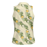 Hawaiian Pikake Maile Lei Women Sleeveless Polo Shirt Tiare Hibiscus Kalo Palapalai Leaf Beige LT19 - Polynesian Pride