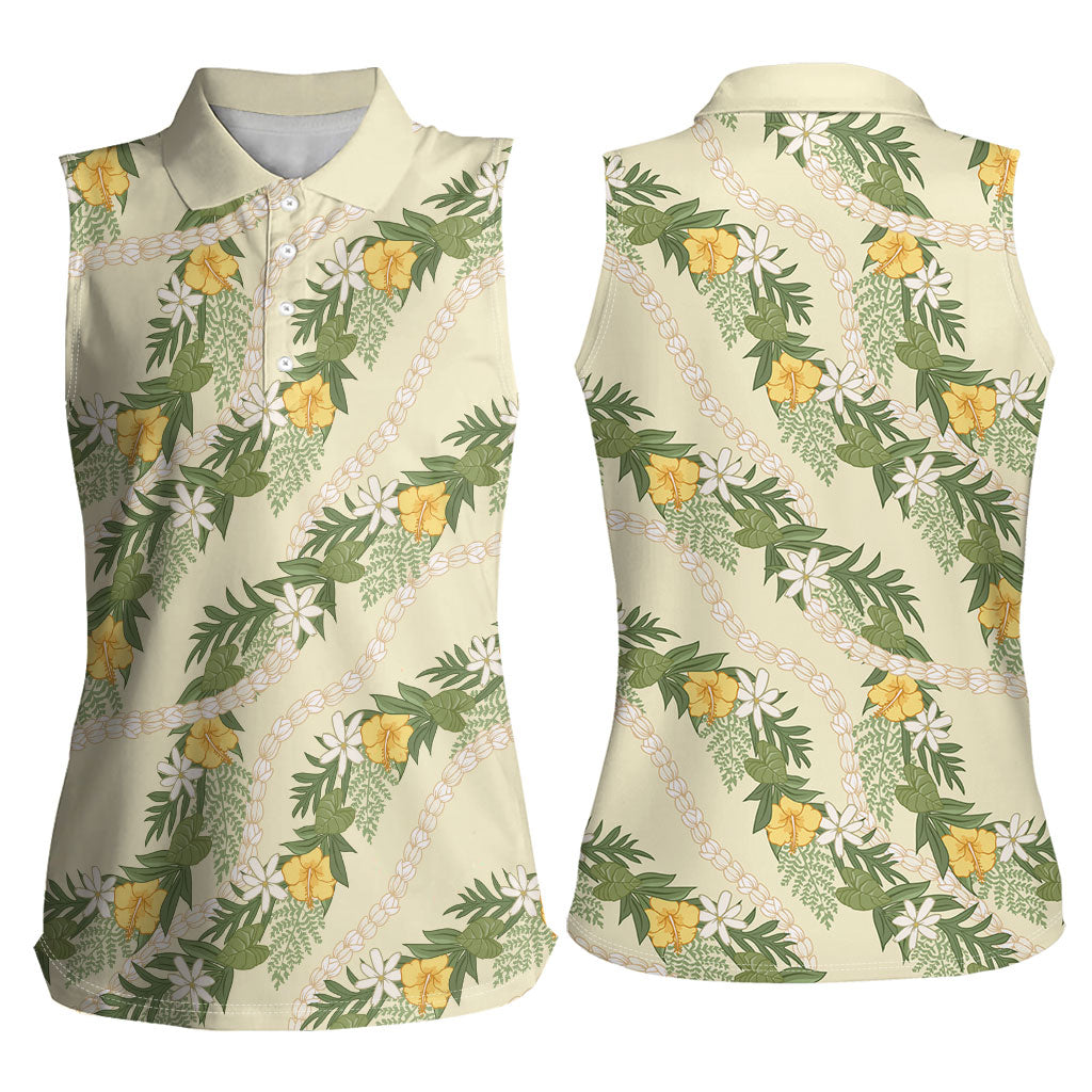 Hawaiian Pikake Maile Lei Women Sleeveless Polo Shirt Tiare Hibiscus Kalo Palapalai Leaf Beige LT19 - Polynesian Pride