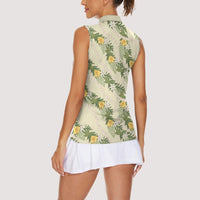 Hawaiian Pikake Maile Lei Women Sleeveless Polo Shirt Tiare Hibiscus Kalo Palapalai Leaf Beige LT19 - Polynesian Pride