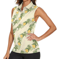 Hawaiian Pikake Maile Lei Women Sleeveless Polo Shirt Tiare Hibiscus Kalo Palapalai Leaf Beige LT19 - Polynesian Pride