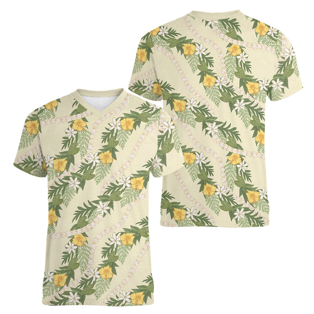 Hawaiian Pikake Maile Lei Women V-Neck T-Shirt Tiare Hibiscus Kalo Palapalai Leaf Beige LT19 - Polynesian Pride