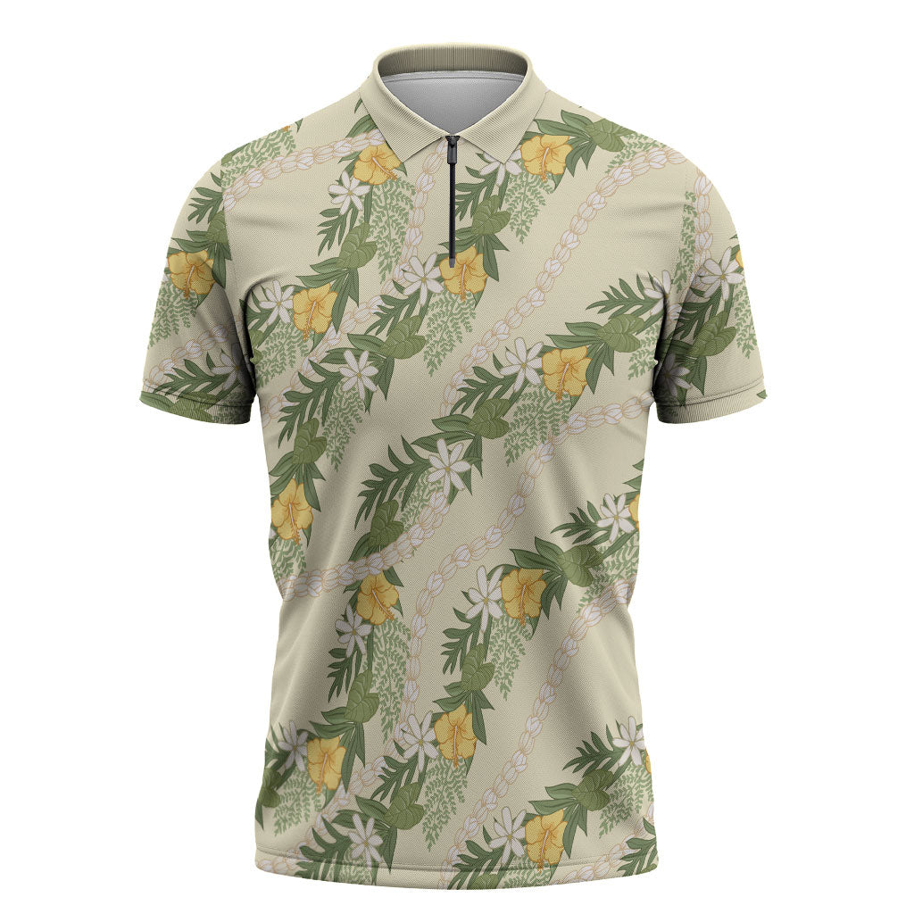 Hawaiian Pikake Maile Lei Zipper Polo Shirt Tiare Hibiscus Kalo Palapalai Leaf Beige LT19 Beige - Polynesian Pride
