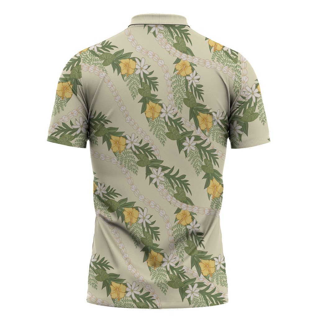 Hawaiian Pikake Maile Lei Zipper Polo Shirt Tiare Hibiscus Kalo Palapalai Leaf Beige LT19 - Polynesian Pride