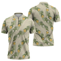 Hawaiian Pikake Maile Lei Zipper Polo Shirt Tiare Hibiscus Kalo Palapalai Leaf Beige LT19 - Polynesian Pride