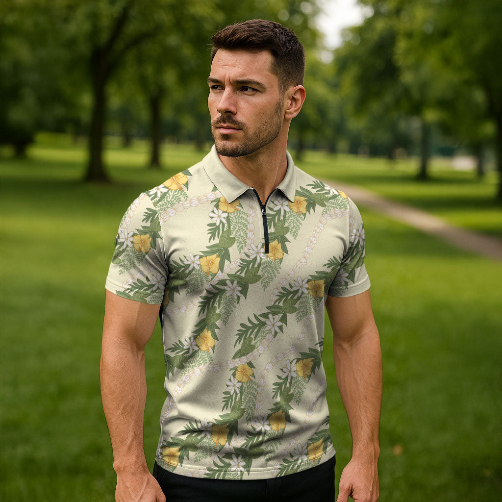 Hawaiian Pikake Maile Lei Zipper Polo Shirt Tiare Hibiscus Kalo Palapalai Leaf Beige LT19 - Polynesian Pride