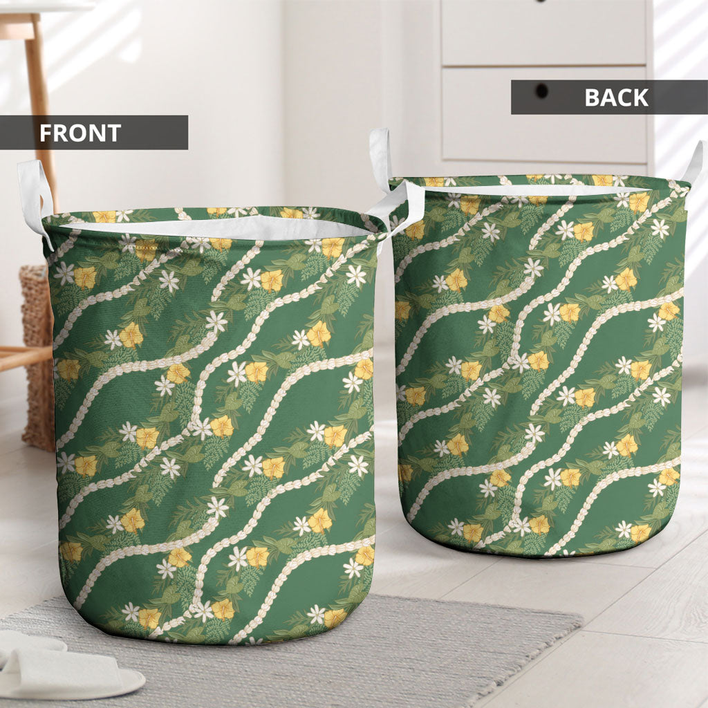 Hawaiian Pikake Maile Lei Laundry Basket Tiare Hibiscus Kalo Palapalai Leaf Green