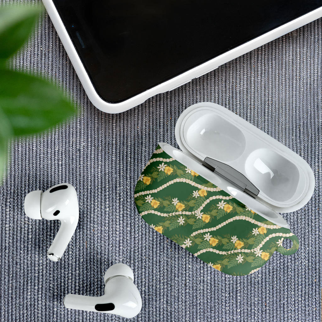 Hawaiian Pikake Maile Lei AirPods Case Tiare Hibiscus Kalo Palapalai Leaf Green LT19 - Polynesian Pride