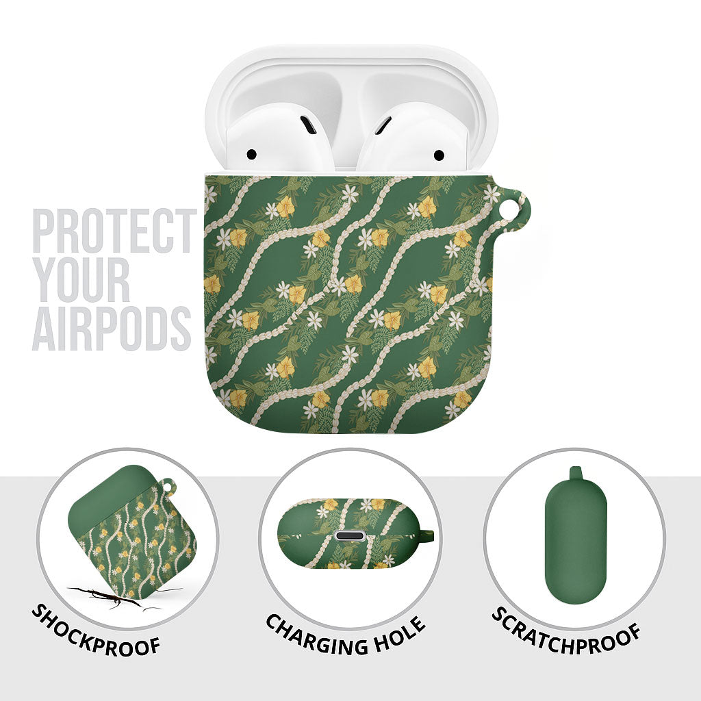 Hawaiian Pikake Maile Lei AirPods Case Tiare Hibiscus Kalo Palapalai Leaf Green LT19 - Polynesian Pride