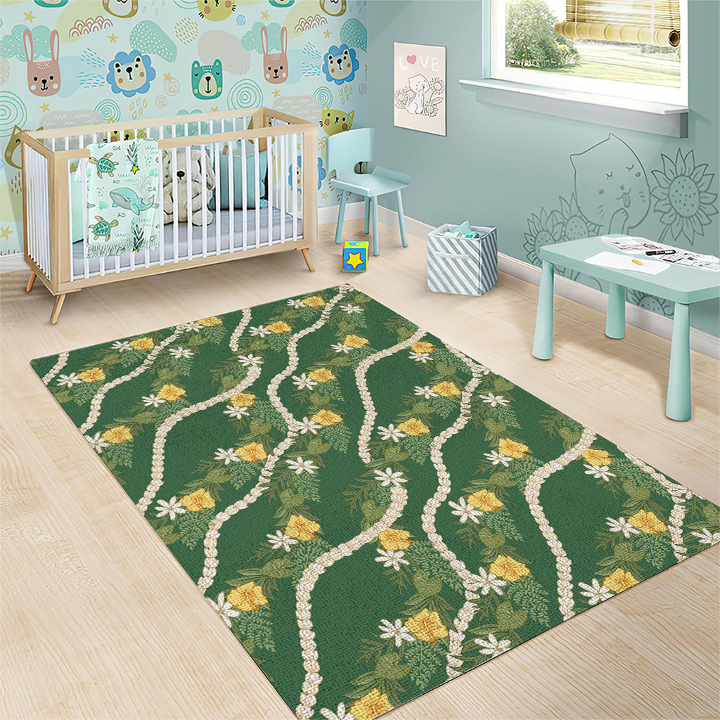 Hawaiian Pikake Maile Lei Area Rug Tiare Hibiscus Kalo Palapalai Leaf Green