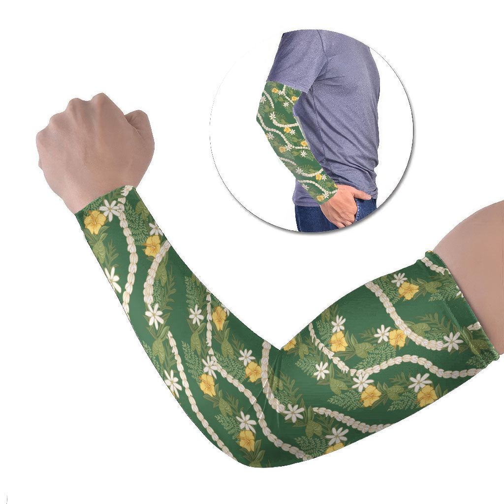 Hawaiian Pikake Maile Lei Arm Sleeves Tiare Hibiscus Kalo Palapalai Leaf Green LT19 Set of 2 Green - Polynesian Pride