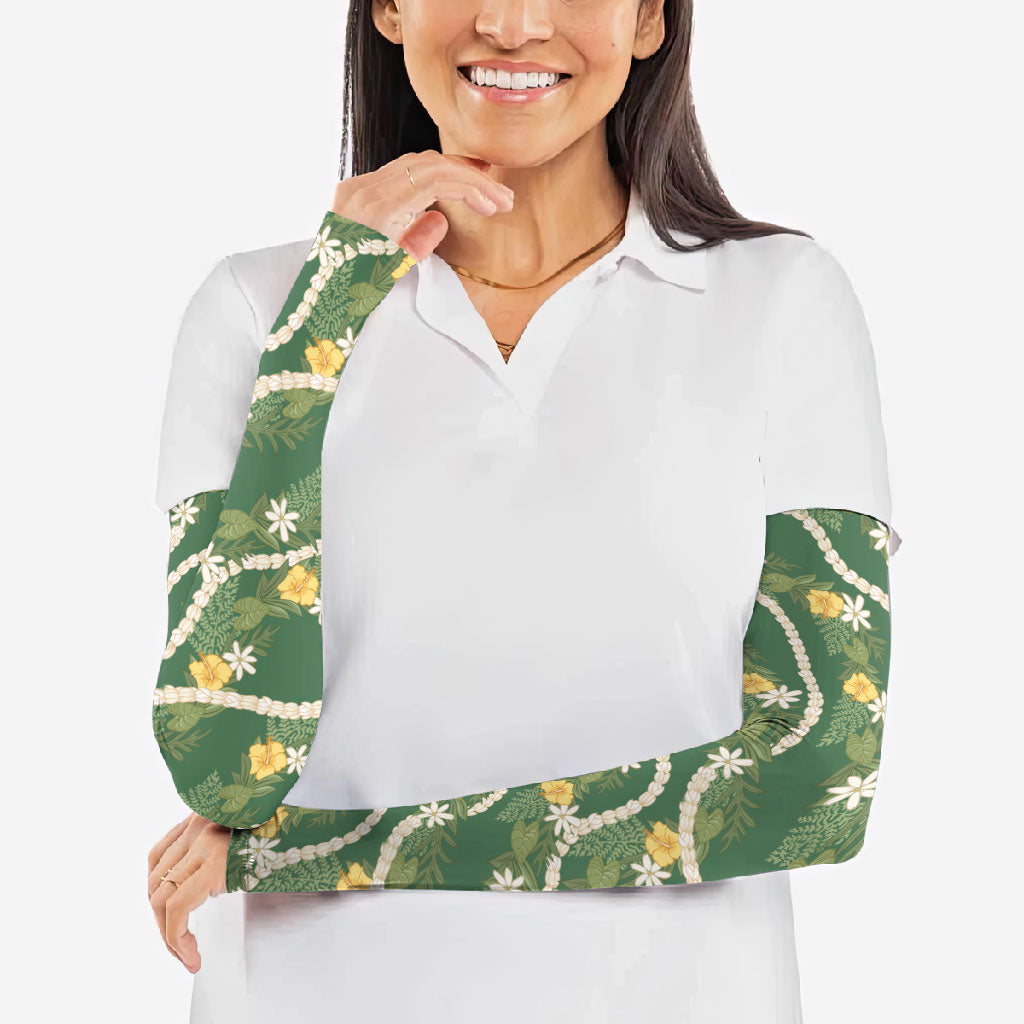 Hawaiian Pikake Maile Lei Arm Sleeves Tiare Hibiscus Kalo Palapalai Leaf Green LT19 - Polynesian Pride