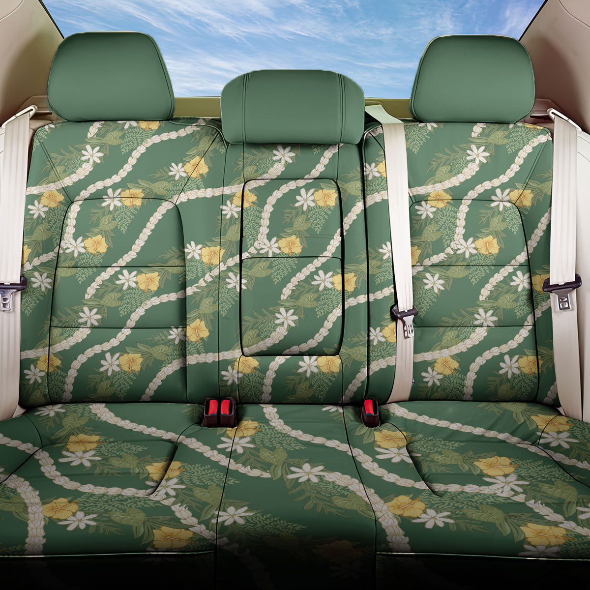 Hawaiian Pikake Maile Lei Back Car Seat Cover Tiare Hibiscus Kalo Palapalai Leaf Green
