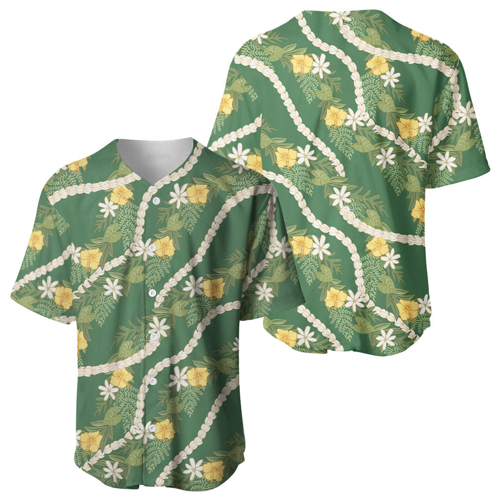Hawaiian Pikake Maile Lei Baseball Jersey Tiare Hibiscus Kalo Palapalai Leaf Green