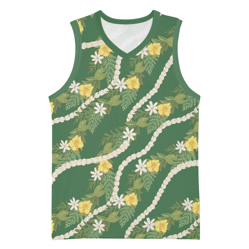 Hawaiian Pikake Maile Lei Basketball Jersey Tiare Hibiscus Kalo Palapalai Leaf Green LT19 Unisex Green - Polynesian Pride