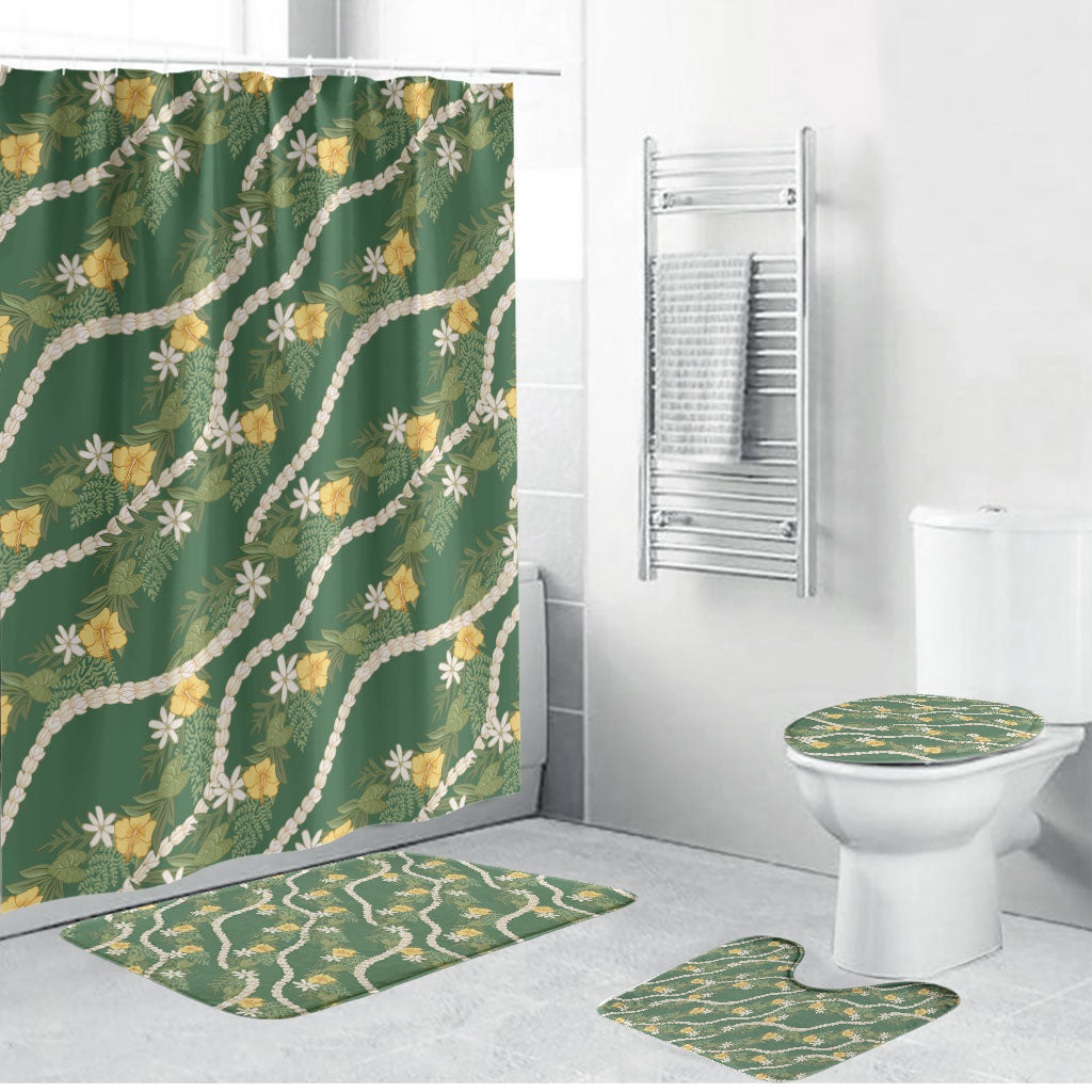 Hawaiian Pikake Maile Lei Bathroom Set Tiare Hibiscus Kalo Palapalai Leaf Green