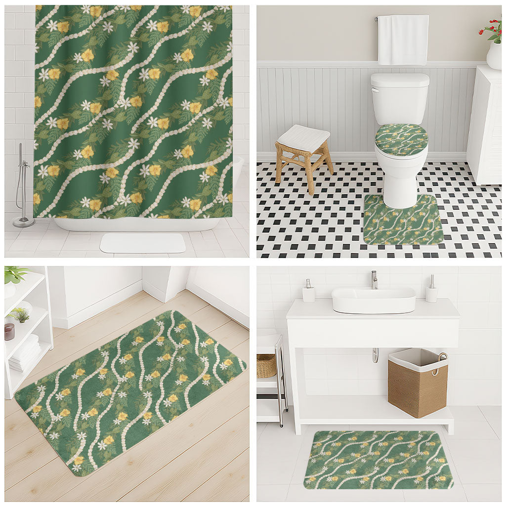 Hawaiian Pikake Maile Lei Bathroom Set Tiare Hibiscus Kalo Palapalai Leaf Green