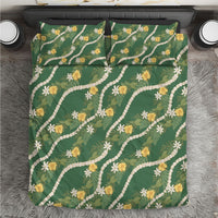 Hawaiian Pikake Maile Lei Bedding Set Tiare Hibiscus Kalo Palapalai Leaf Green