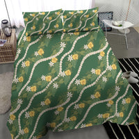 Hawaiian Pikake Maile Lei Bedding Set Tiare Hibiscus Kalo Palapalai Leaf Green