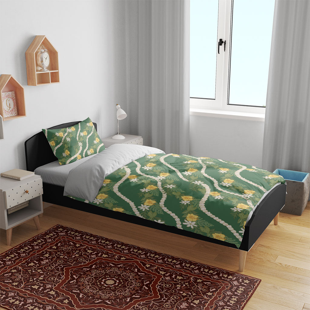 Hawaiian Pikake Maile Lei Bedding Set Tiare Hibiscus Kalo Palapalai Leaf Green
