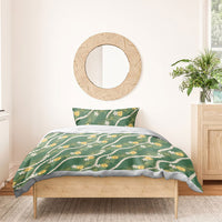 Hawaiian Pikake Maile Lei Bedding Set Tiare Hibiscus Kalo Palapalai Leaf Green