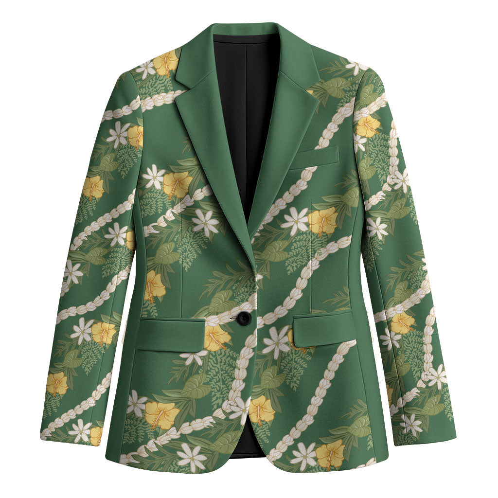 Hawaiian Pikake Maile Lei Blazer Tiare Hibiscus Kalo Palapalai Leaf Green