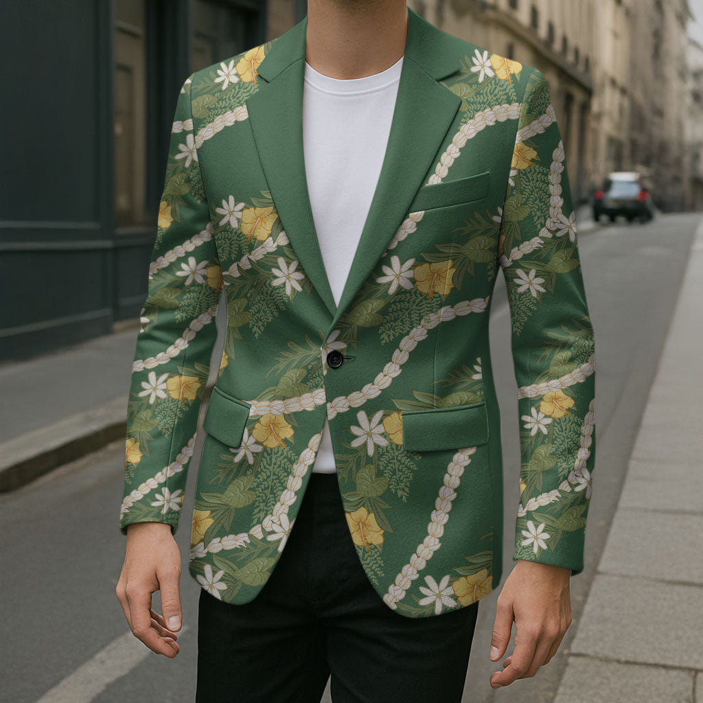 Hawaiian Pikake Maile Lei Blazer Tiare Hibiscus Kalo Palapalai Leaf Green