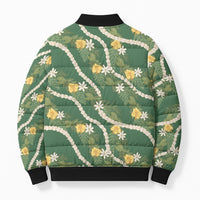 Hawaiian Pikake Maile Lei Bomber Puffer Jacket Tiare Hibiscus Kalo Palapalai Leaf Green