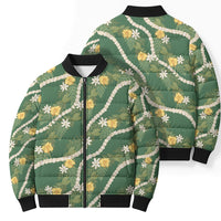 Hawaiian Pikake Maile Lei Bomber Puffer Jacket Tiare Hibiscus Kalo Palapalai Leaf Green