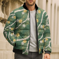 Hawaiian Pikake Maile Lei Bomber Puffer Jacket Tiare Hibiscus Kalo Palapalai Leaf Green
