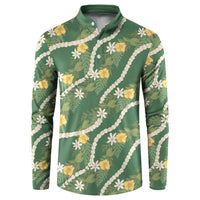 Hawaiian Pikake Maile Lei Button Sweatshirt Tiare Hibiscus Kalo Palapalai Leaf Green