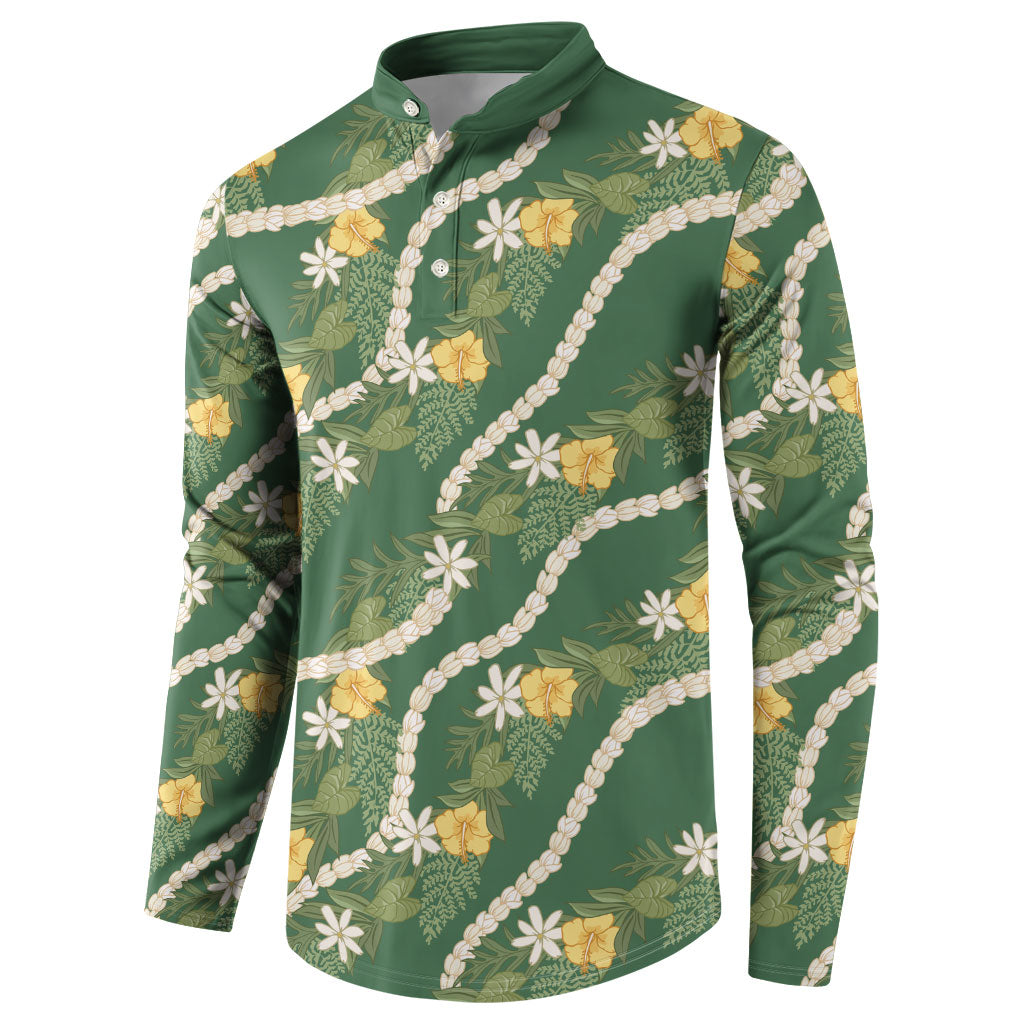 Hawaiian Pikake Maile Lei Button Sweatshirt Tiare Hibiscus Kalo Palapalai Leaf Green