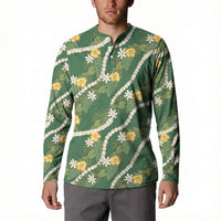 Hawaiian Pikake Maile Lei Button Sweatshirt Tiare Hibiscus Kalo Palapalai Leaf Green