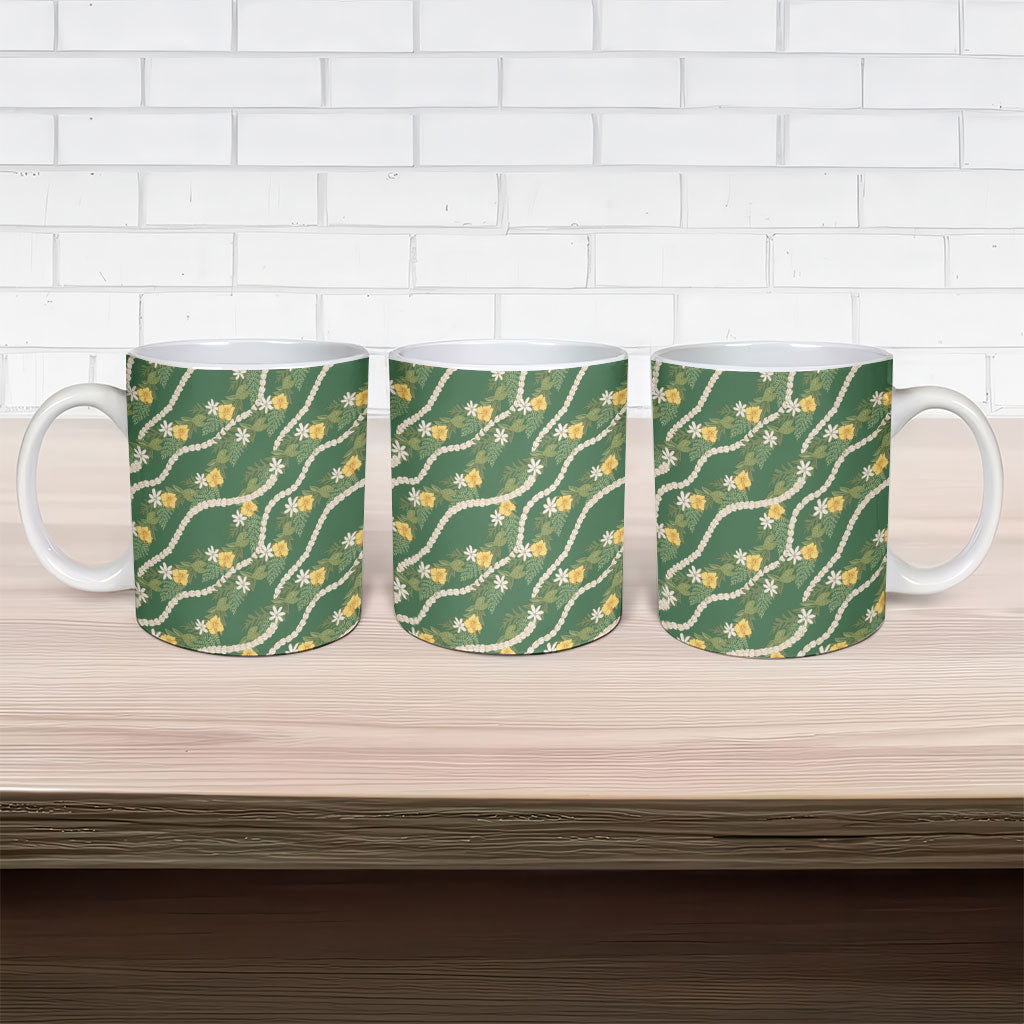 Hawaiian Pikake Maile Lei Ceramic Mug Tiare Hibiscus Kalo Palapalai Leaf Green