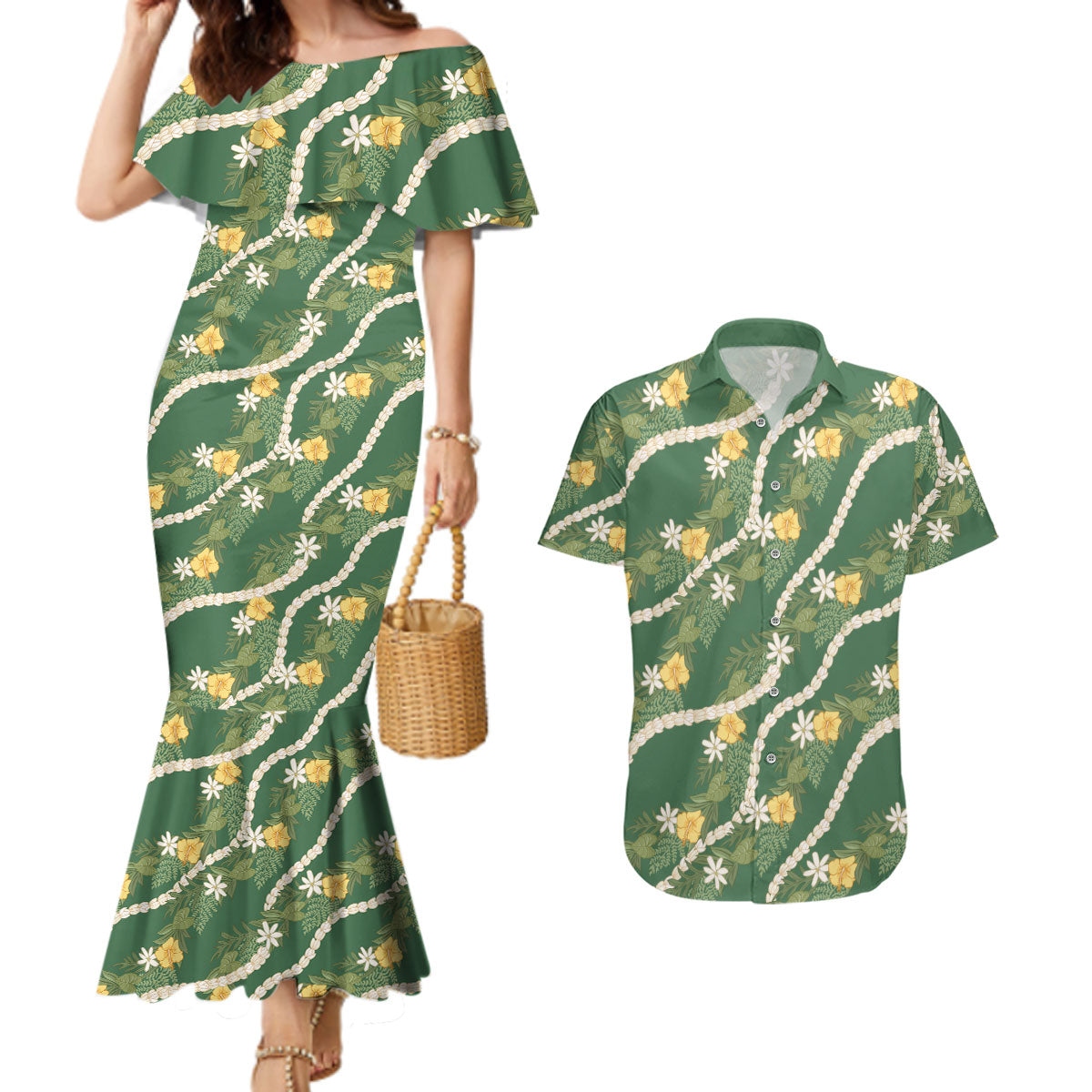 Hawaiian Pikake Maile Lei Couples Matching Mermaid Dress and Hawaiian Shirt Tiare Hibiscus Kalo Palapalai Leaf Green