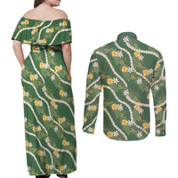 Hawaiian Pikake Maile Lei Couples Matching Off Shoulder Maxi Dress and Long Sleeve Button Shirt Tiare Hibiscus Kalo Palapalai Leaf Green LT19 - Polynesian Pride