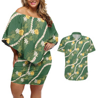 Hawaiian Pikake Maile Lei Couples Matching Off Shoulder Short Dress and Hawaiian Shirt Tiare Hibiscus Kalo Palapalai Leaf Green LT19 Green - Polynesian Pride