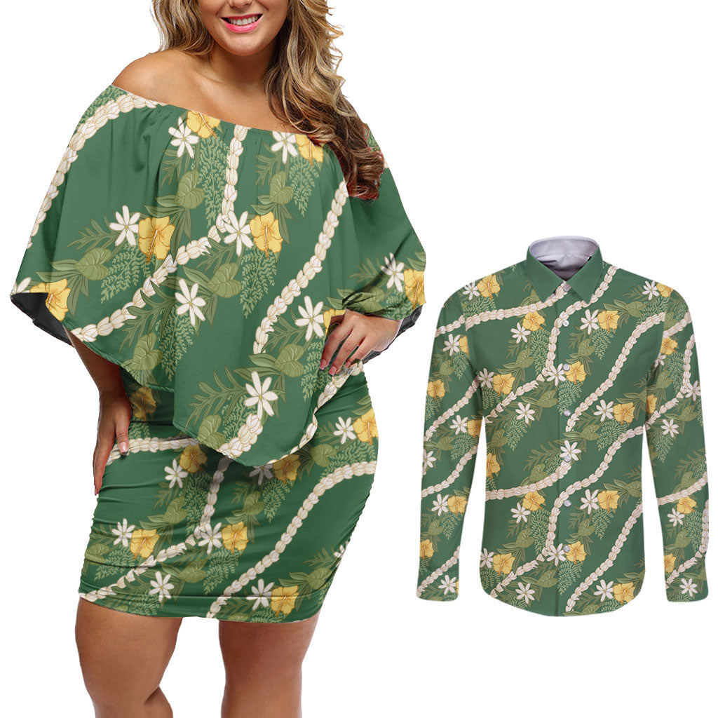 Hawaiian Pikake Maile Lei Couples Matching Off Shoulder Short Dress and Long Sleeve Button Shirt Tiare Hibiscus Kalo Palapalai Leaf Green