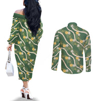 Hawaiian Pikake Maile Lei Couples Matching Off The Shoulder Long Sleeve Dress and Long Sleeve Button Shirt Tiare Hibiscus Kalo Palapalai Leaf Green LT19 - Polynesian Pride