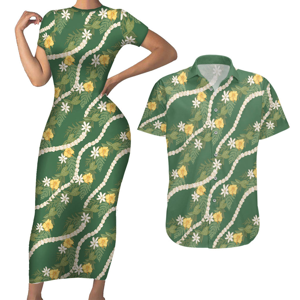 Hawaiian Pikake Maile Lei Couples Matching Short Sleeve Bodycon Dress and Hawaiian Shirt Tiare Hibiscus Kalo Palapalai Leaf Green LT19 Green - Polynesian Pride