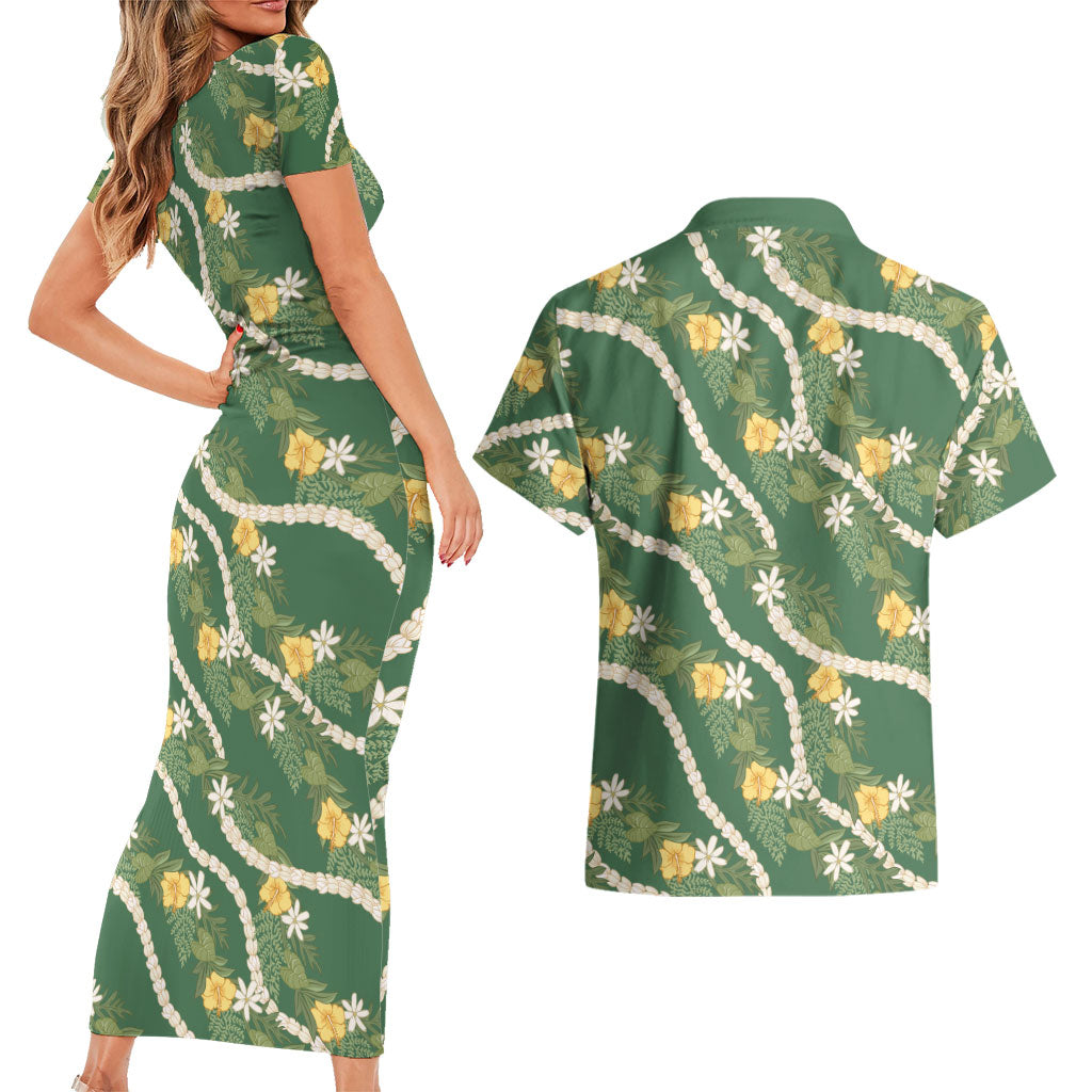 Hawaiian Pikake Maile Lei Couples Matching Short Sleeve Bodycon Dress and Hawaiian Shirt Tiare Hibiscus Kalo Palapalai Leaf Green LT19 - Polynesian Pride