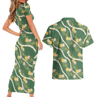 Hawaiian Pikake Maile Lei Couples Matching Short Sleeve Bodycon Dress and Hawaiian Shirt Tiare Hibiscus Kalo Palapalai Leaf Green LT19 - Polynesian Pride