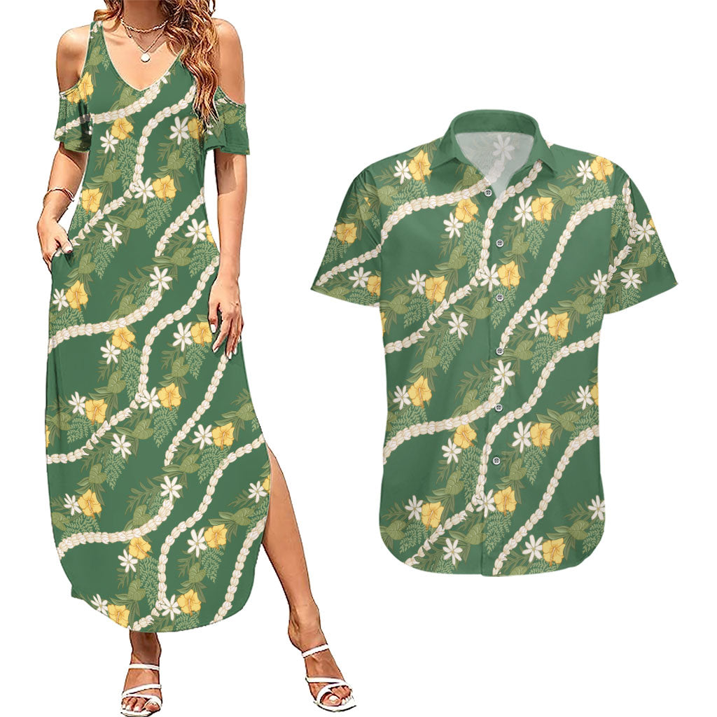 Hawaiian Pikake Maile Lei Couples Matching Summer Maxi Dress and Hawaiian Shirt Tiare Hibiscus Kalo Palapalai Leaf Green