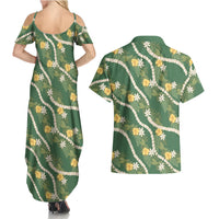 Hawaiian Pikake Maile Lei Couples Matching Summer Maxi Dress and Hawaiian Shirt Tiare Hibiscus Kalo Palapalai Leaf Green LT19 - Polynesian Pride