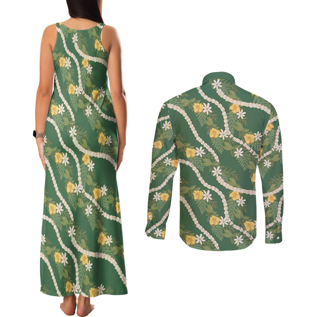 Hawaiian Pikake Maile Lei Couples Matching Tank Maxi Dress and Long Sleeve Button Shirt Tiare Hibiscus Kalo Palapalai Leaf Green LT19 - Polynesian Pride