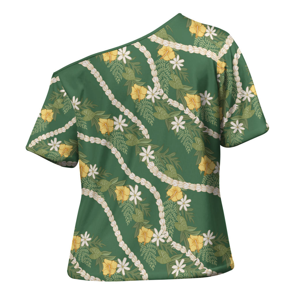 Hawaiian Pikake Maile Lei Cross Shoulder Shirt Tiare Hibiscus Kalo Palapalai Leaf Green LT19 - Polynesian Pride