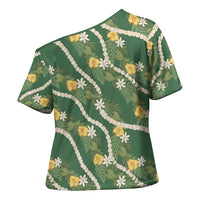 Hawaiian Pikake Maile Lei Cross Shoulder Shirt Tiare Hibiscus Kalo Palapalai Leaf Green LT19 - Polynesian Pride