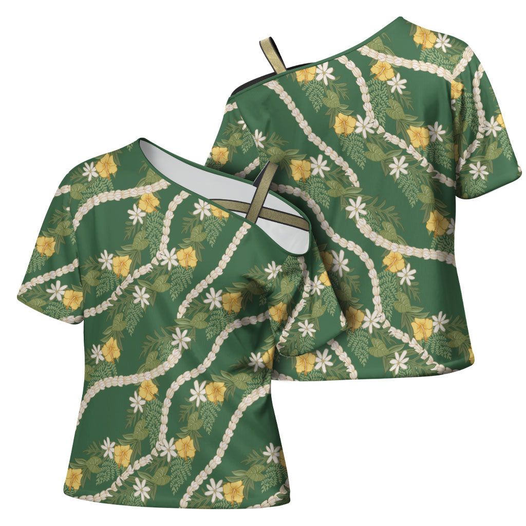Hawaiian Pikake Maile Lei Cross Shoulder Shirt Tiare Hibiscus Kalo Palapalai Leaf Green LT19 - Polynesian Pride