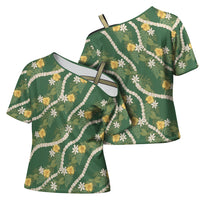 Hawaiian Pikake Maile Lei Cross Shoulder Shirt Tiare Hibiscus Kalo Palapalai Leaf Green LT19 - Polynesian Pride