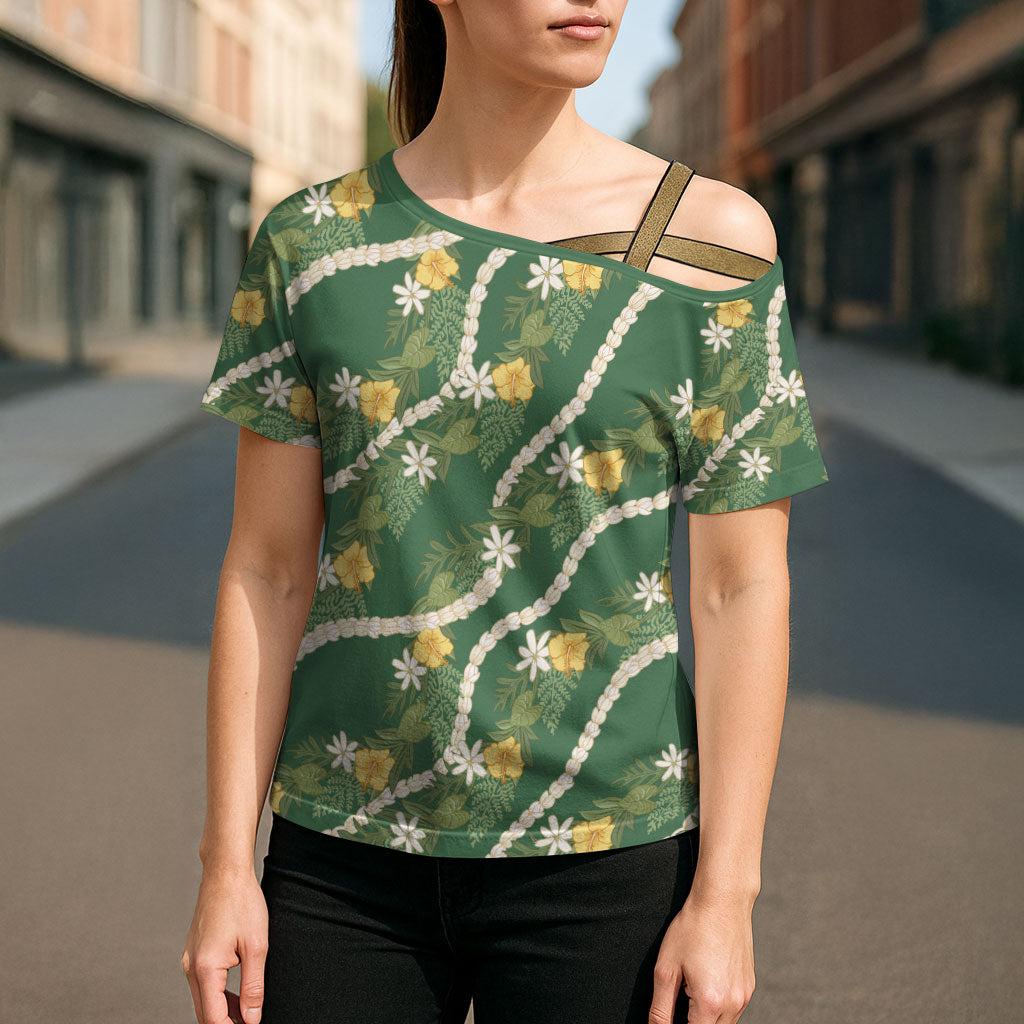 Hawaiian Pikake Maile Lei Cross Shoulder Shirt Tiare Hibiscus Kalo Palapalai Leaf Green LT19 - Polynesian Pride