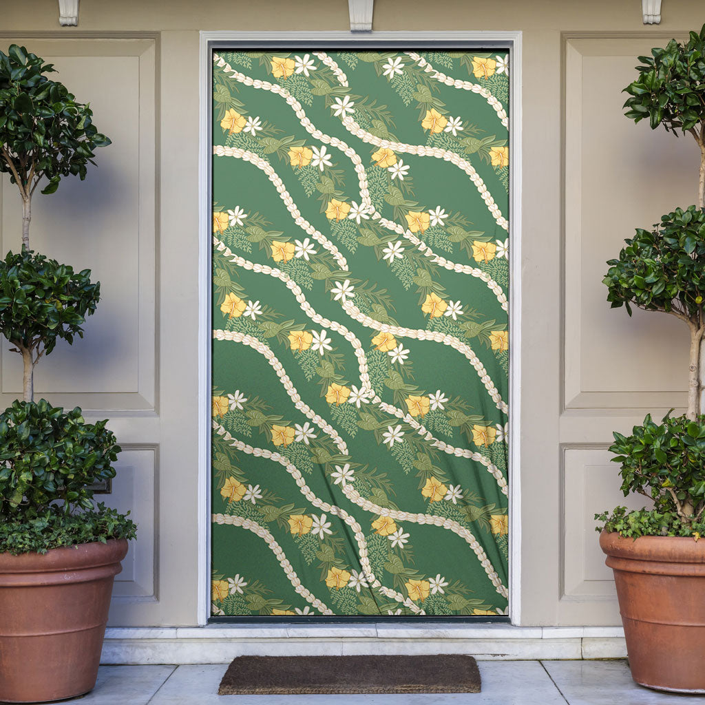 Hawaiian Pikake Maile Lei Door Cover Tiare Hibiscus Kalo Palapalai Leaf Green